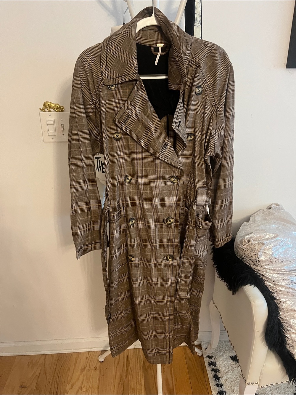 Free People Brown Plaid Double-Breasted Trench Coat